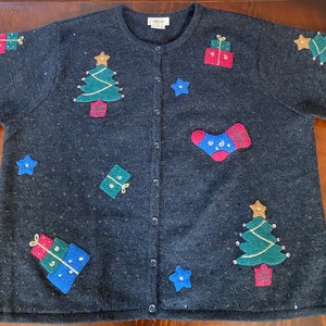 Talbots Size 2x 100% wool Xmas FELT PATCHES EMBROIDERED Cardigan, Sequins & Gold Thread, excellent condition!