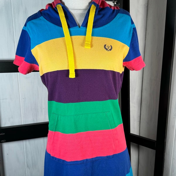 Retro Fred Perry Cotton Hooded Rainbow Color Block Polo Dress, Size Small, MINT