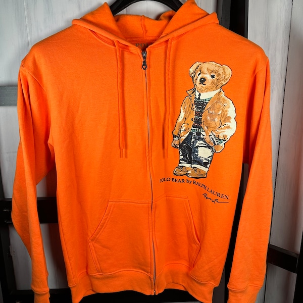 Polo BEAR Ralph Lauren ATOMIC Orange Full-Zip Hoodie, Size Medium, Mint & Dope!!