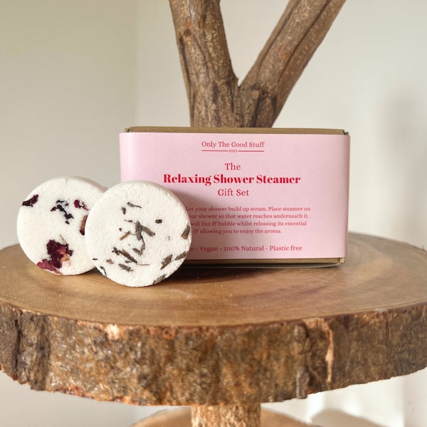 Unique Shower Steamer Gift Set, Lavender and Rose Geranium Shower Bombs, Plastic-free eco-friendly gift