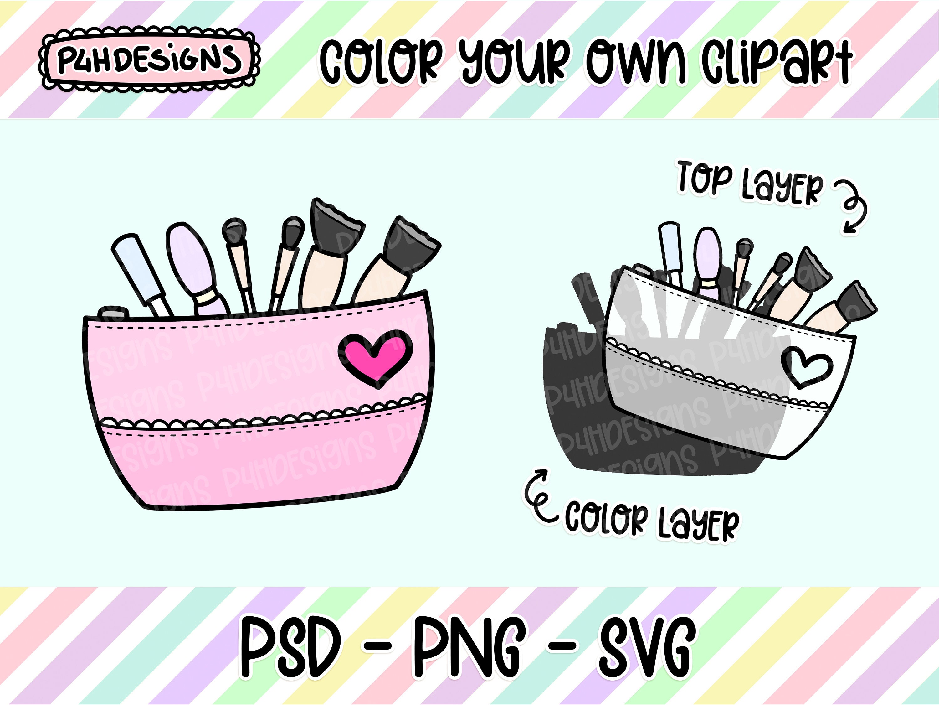 Makeup Bag Clipart LAYERED Doodle Clipart Can Be Colored Etsy