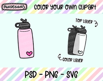 Water Bottle Clipart, LAYERED, Doodle Clipart, Can Be Colored, Commercial Use, Hand Drawn, Planner Clip art, Planner Icons, Digital