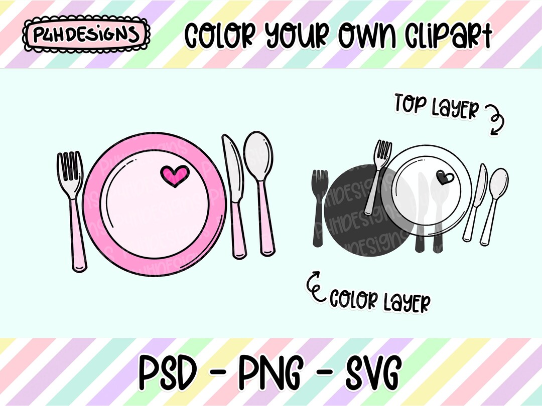 Dinnerware Clipart, LAYERED, Doodle Clipart, Can Be Colored, Commercial