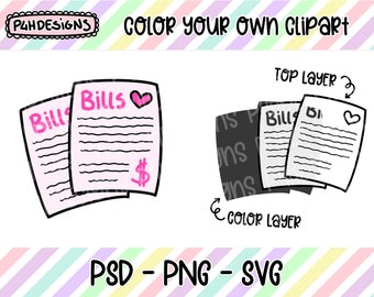 Bills Clipart, LAYERED, Doodle Clipart, Can Be Colored, Commercial Use, Hand Drawn, Planner Clipart, Planner Icons, Digital