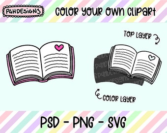 Open Book Clipart, LAYERED, Doodle Clipart, Can Be Colored, Commercial Use, Hand Drawn, Planner Clip art, Planner Icons, Digital