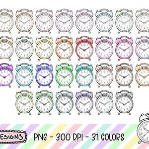 May include: A set of 31 colorful alarm clock illustrations in PNG format. The clocks are all in different colors, including red, blue, green, yellow, and purple. Each clock has a black outline and a white face with black numbers. The clocks are all set to different times.
