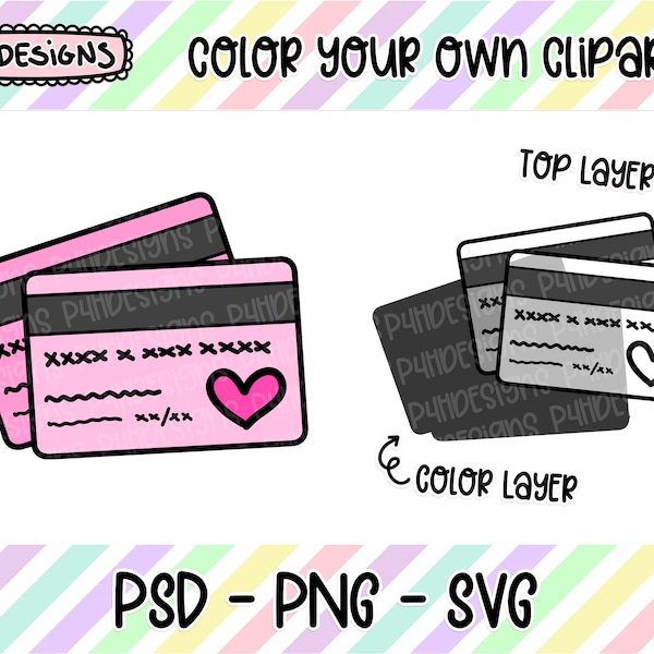 Credit Cards Clipart, LAYERED, Doodle Clipart, Can Be Colored, Commercial Use, Hand Drawn, Planner Clipart, Planner Icons, Digital