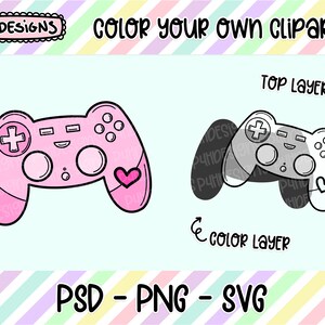 Op de afbeelding: Een zwart-witte lijnillustratie van een videogamecontroller met een hart aan de zijkant. De controller is klaar om ingekleurd te worden.