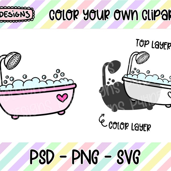 Bathtub Clipart, LAYERED, Doodle Clipart, Can Be Colored, Commercial Use, Hand Drawn, Planner Clipart, Planner Icons, Digital