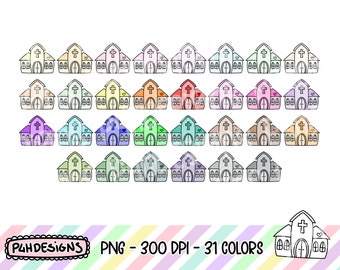 Church Clipart, Doodle Clipart, Multicolor, Commercial Use, Hand Drawn, Planner Clipart, Planner Icons