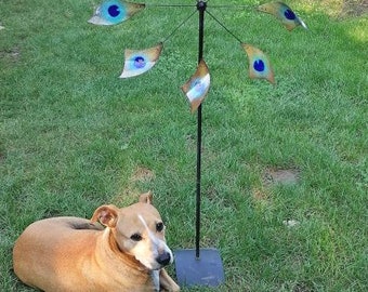Garden Decoration Wind Spinner Wind Rotatin For Garden Lovers Vitreous Enamel Peacock Decorated With Feathers Garden Decor