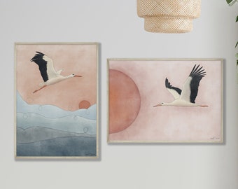 Retro Stork Sunset Print Set – 70s Bird Wall Art (Digital Download)