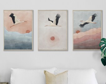 Stork Print Set – Mid Century Retro Bird Art (Digital Download)