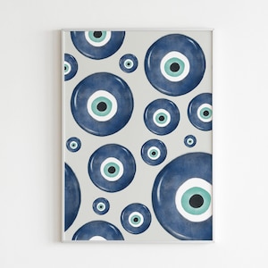 Evil Eye Wall Print // Nazar Wall Art - Spiritual Decor - Printable Wall Art - Downloadable Print - Evil Eye Art - Gray and Blue