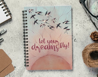 Let Your Dreams Fly // Spiral Notebook - Soft Cover Journal - Flight of Birds Dot Grid Notebook - Sun Themed Cute Notebook - Dotted Notebook