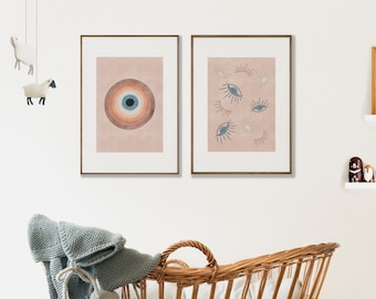 Evil Eye Print Set of Two Prints // Retro Wall Art - Bedroom Wall Decor - Gallery Wall Set - Mid Century Print - 70s Wall Art