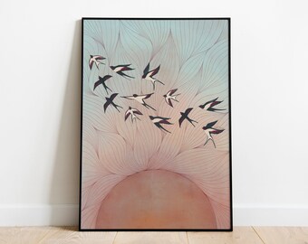 The Flight of Birds // Retro Sunset Print - Swallow Wall Art - Blue Sky and Sun Poster - Downloadable Print - Original Design