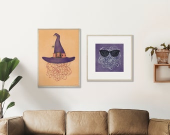 Set Of Two Prints // Witch Hat Wall Art - Halloween Ghost - Downloadable Print - Halloween Room Decor - Digital Prints - Instant Download