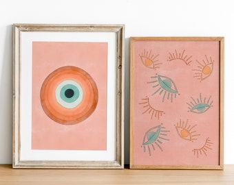 Evil Eye Print Set of Two // Nazar Wall Art - Boho Nursery Print - 70s Retro Wall Art - Printable Wall Art - Bedroom Wall Decor