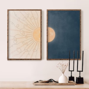 Sun and Moon Wall Art Set // 70s Inspired Boho Decor, Mid Century Print, Retro Stripes, Bedroom or Nursery Wall Art