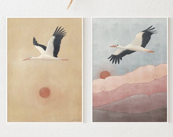 Stork Print Set – Vintage Sunset Wall Art, Bird Illustration (Digital Download)