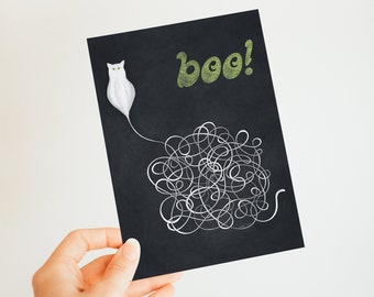 Cat Ghost Card // Cute Halloween Card - Ready to Download - Greeting Card - Printable Halloween Cat Card -  Downloadable Card