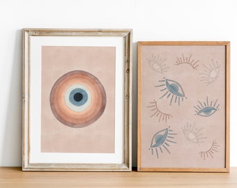 Evil Eye Print Set of Two // Printable Wall Art - Mid Century Print - Spiritual Decor - 70s Wall Art - Boho Nursery Print  - Nazar Wall Art