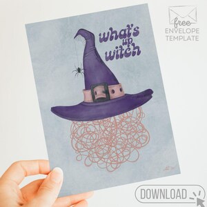 Carte d'Halloween drôle de sorcière / chapeau de sorcière violet en téléchargement numérique - voeux à imprimer pour la saison fantasmagorique et les amateurs de sorcières