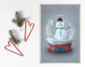 Snowman Christmas Print // Snow Globe Christmas Decor - Christmas Printable Wall Art - Holiday Decor - Happy Holidays Print