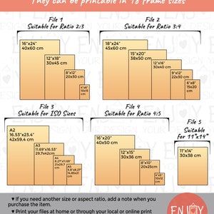 Puede incluir: Un gr&aacute;fico que muestra 5 opciones de archivos diferentes para arte digital imprimible. Los archivos son adecuados para diferentes relaciones de aspecto y tama&ntilde;os, incluyendo 16x24 pulgadas, 18x24 pulgadas, 11x14 pulgadas y varios tama&ntilde;os m&eacute;tricos. El texto "Enjoy Your Design" est&aacute; en la parte inferior del gr&aacute;fico.