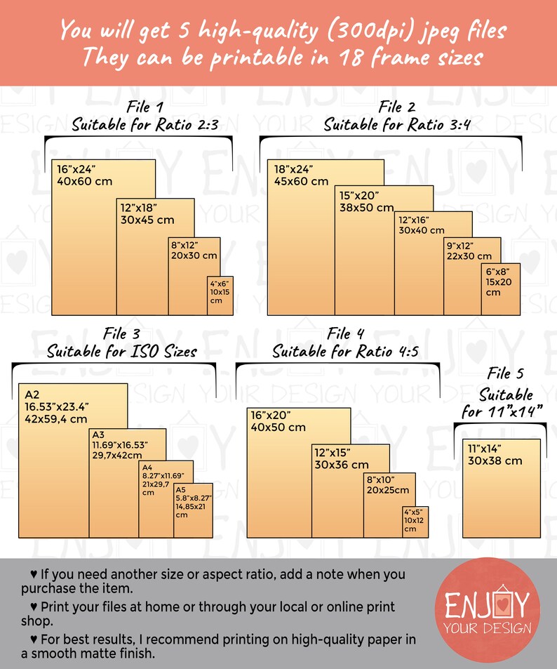 May include: An image showcasing printable art file sizes, including 16"x24", 12"x18", and 8"x12" options, with corresponding metric measurements. The text indicates the files are high-quality JPEGs, printable in 18 frame sizes. The image also includes the text "ENJOY YOUR DESIGN".