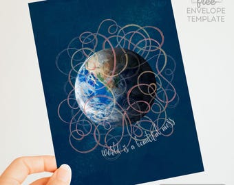 Earth Art Printable Card – Messy World Greeting (Digital Download)