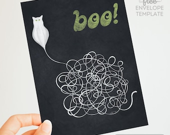 Ghost Cat Halloween Card – Chalkboard Art, Minimalist Spooky Design (Digital Download)