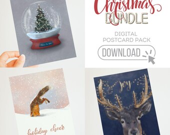 Printable Christmas Card Bundle – Reindeer, Snow Globe, Fox (Digital Download)
