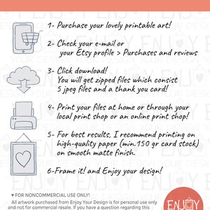 Puede incluir: Una gu&iacute;a ilustrada rosa y blanca con instrucciones sobre c&oacute;mo descargar, imprimir y enmarcar arte imprimible. La gu&iacute;a incluye iconos de una computadora, una nube, una impresora y una imagen enmarcada. El texto dice "Download Guide!" y "Enjoy Your Design!"