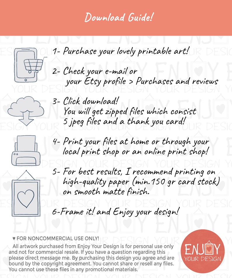Puede incluir: Una gu&iacute;a ilustrada rosa y blanca con instrucciones sobre c&oacute;mo descargar, imprimir y enmarcar arte imprimible. La gu&iacute;a incluye iconos de una computadora, una nube, una impresora y una imagen enmarcada. El texto dice "Download Guide!" y "Enjoy Your Design!"