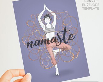 Namaste Yoga Printable Card – Boho Zen Art, Envelope Template (Digital Download)