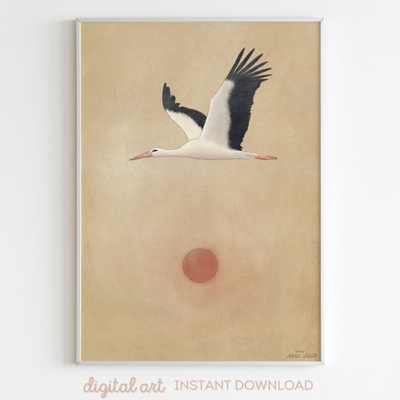 May include: A framed digital art print featuring a stork in flight against a beige background with a red circle. The stork is white with black wingtips. The words "digital art INSTANT DOWNLOAD" are at the bottom.
