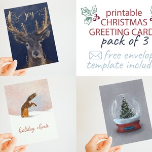 Lot de 3 cartes de Noël / Lot de 3 cartes de voeux en vrac - Papeterie imprimable pour les Fêtes - Joyeux Noël renard - Boule à neige de Noël