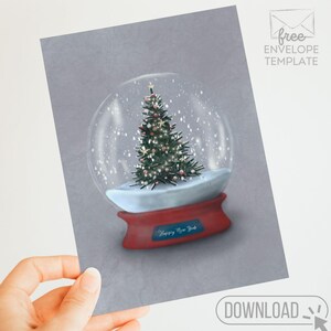 Carte de voeux boule à neige de Noël / Illustration d'arbre de fête - Carte imprimable de vacances - Art du nouvel an - Téléchargement numérique instantané