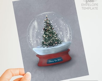 Snow Globe Christmas Tree Greeting Card – Holiday Art (Digital Download)