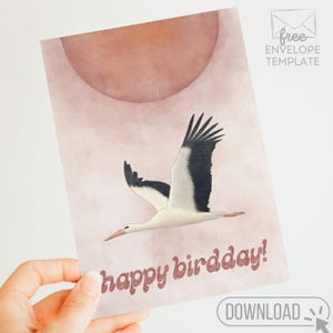 Happy Birdday Card // Digitale Geburtstagskarte mit fliegendem Storch - Geburtstagskarte für Vogelliebhaber zum Ausdrucken – Sofort Download