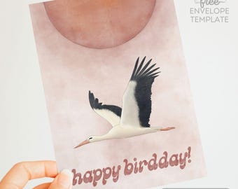 Stork Birthday Card – Bird Lover Greeting, Printable Design (Digital Download)