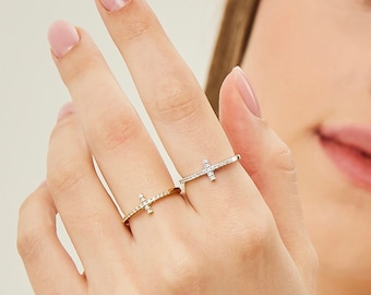 14K Gold Cross Ring, Dainty Gold Ring, Handmade Jewelry, Minimalist Ring, Rings for Women Gold, Diamond Ring.
