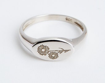 Personalized Birth Month Flower Ring / Signet Ring for Women / Personalized Gift for Women