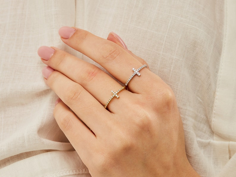 14K Gold Cross Ring, Dainty Gold Ring, Handmade Jewelry, Minimalist Ring, Rings for Women Gold, Diamond Ring. image 3