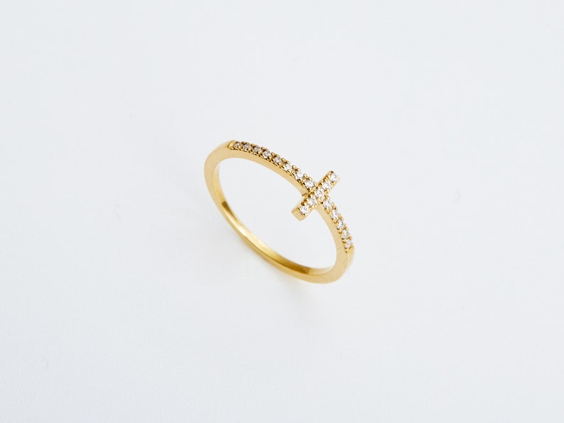 14K Gold Cross Ring, Dainty Gold Ring, Handmade Jewelry, Minimalist Ring, Rings for Women Gold, Diamond Ring. image 4