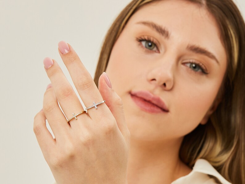 14K Gold Cross Ring, Dainty Gold Ring, Handmade Jewelry, Minimalist Ring, Rings for Women Gold, Diamond Ring. image 5