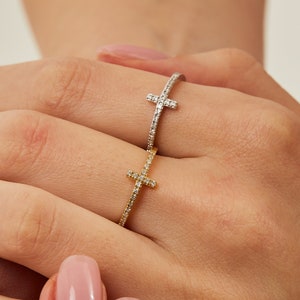 14K Gold Cross Ring, Dainty Gold Ring, Handmade Jewelry, Minimalist Ring, Rings for Women Gold, Diamond Ring. image 6