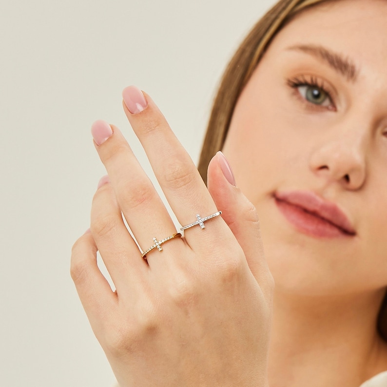 14K Gold Cross Ring, Dainty Gold Ring, Handmade Jewelry, Minimalist Ring, Rings for Women Gold, Diamond Ring. image 1